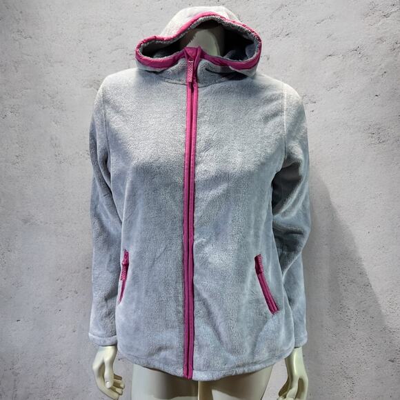 Lands' End Girls' Fleece Zip-Up Jacket XL (16+) Grey with Pink Accents Cozy - Picture 1 of 6